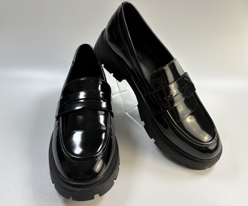 Vera Creation Shoes Womens Glossy Black Leather Chunky Penny Loafers Size 8